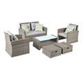 Patio Furniture, Outdoor Furniture, Seasonal Pe Wicker Furniture, 6 Set Wicker Furniture With Tempered Glass Coffee Table Brown Pe Rattan Iron Waterproof Fabric