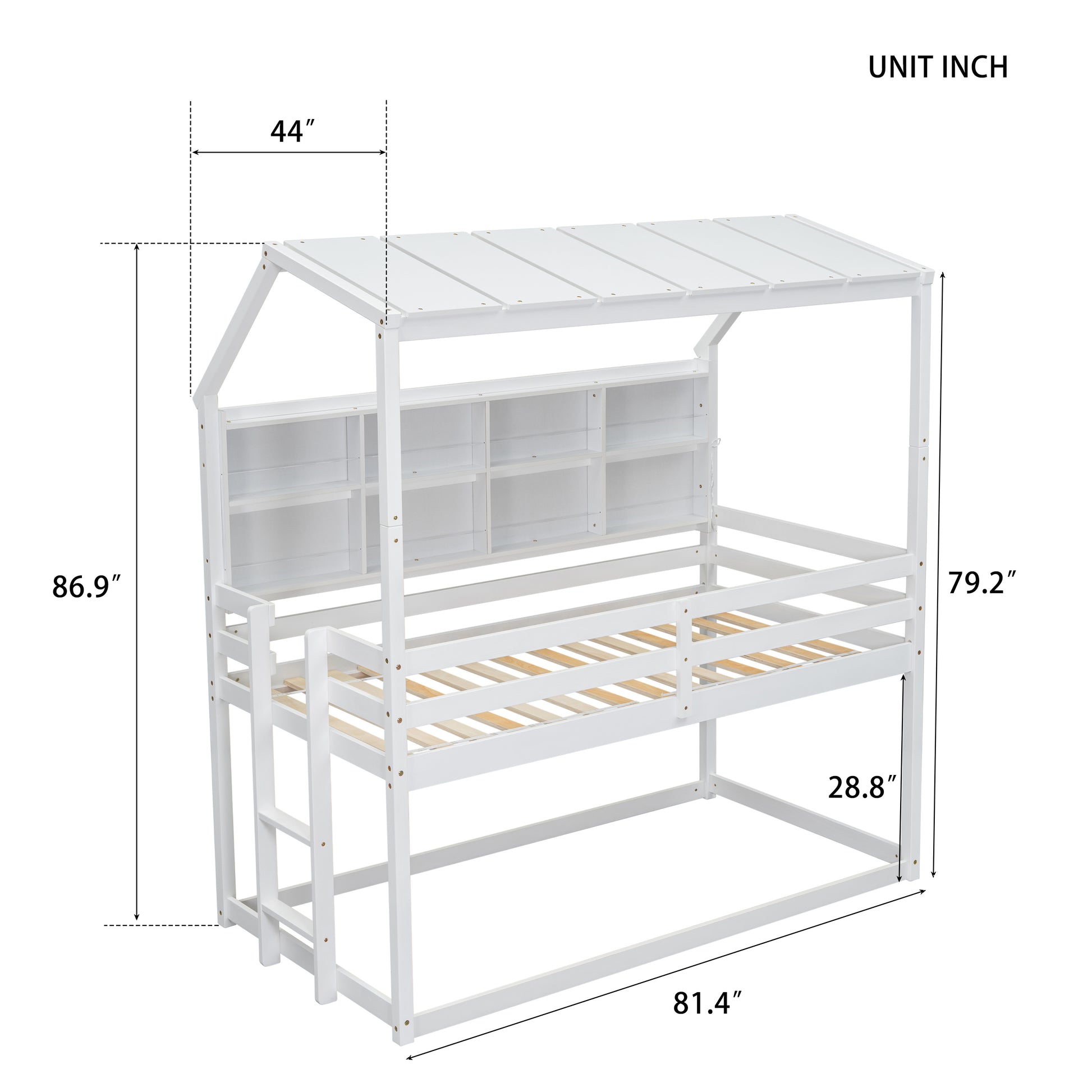 Twin House Loft Bed With Guardrails, Semi Enclosed Roof, Bedside Shelves And Ladder, White Twin White Bedroom American Design Pine Pine