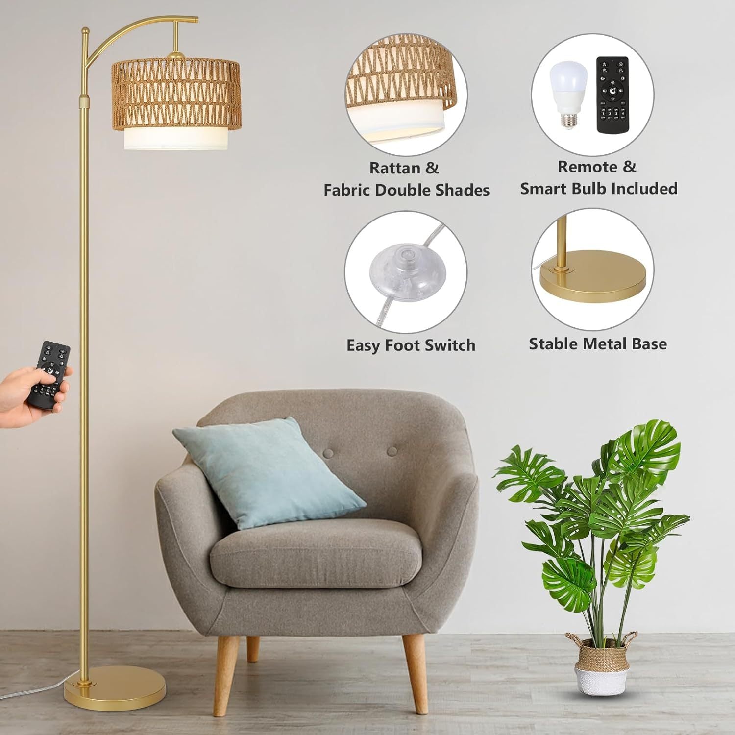 Gold Floor Lamps For Living Room With Remote & Dimmable Led Bulb, Modern Arc Floor Lamp With 3 Color Temperatures, Boho Standing Lamp With Rattan & Fabric Shades, Adjustable Tall Lamp For Bedroom Brown Gold Rattan Metal