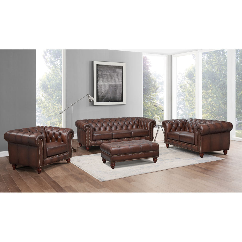 Alton Bay Top Grain Leather Sofa Couch Brown Genuine Leather Wood Primary Living Space Medium Firm Tufted Back Mid Century Modern Eucalyptus Rolled Arms Down Filling Leather 3 Seat