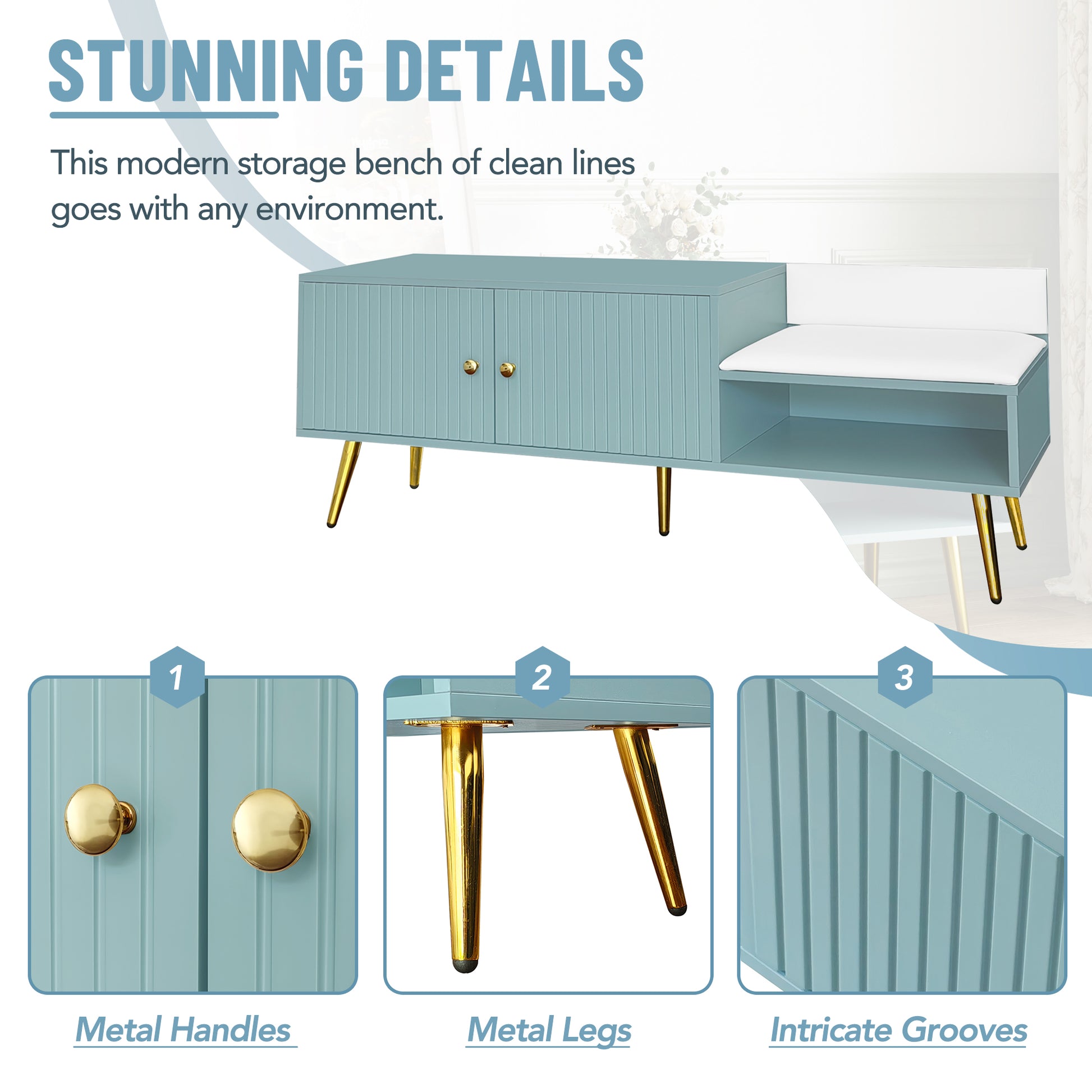 Modern Shoe Storage Bench With Hidden Storage And Upholstered Cushions For Bedside, Living Room And Entryway Light Blue Light Blue Mdf Metal