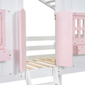 Twin Over Twin House Bunk Bed With Roofwindow, Window Box, Doorwith Safety Guardrails And Ladder, Pink White Twin Pink White Pine