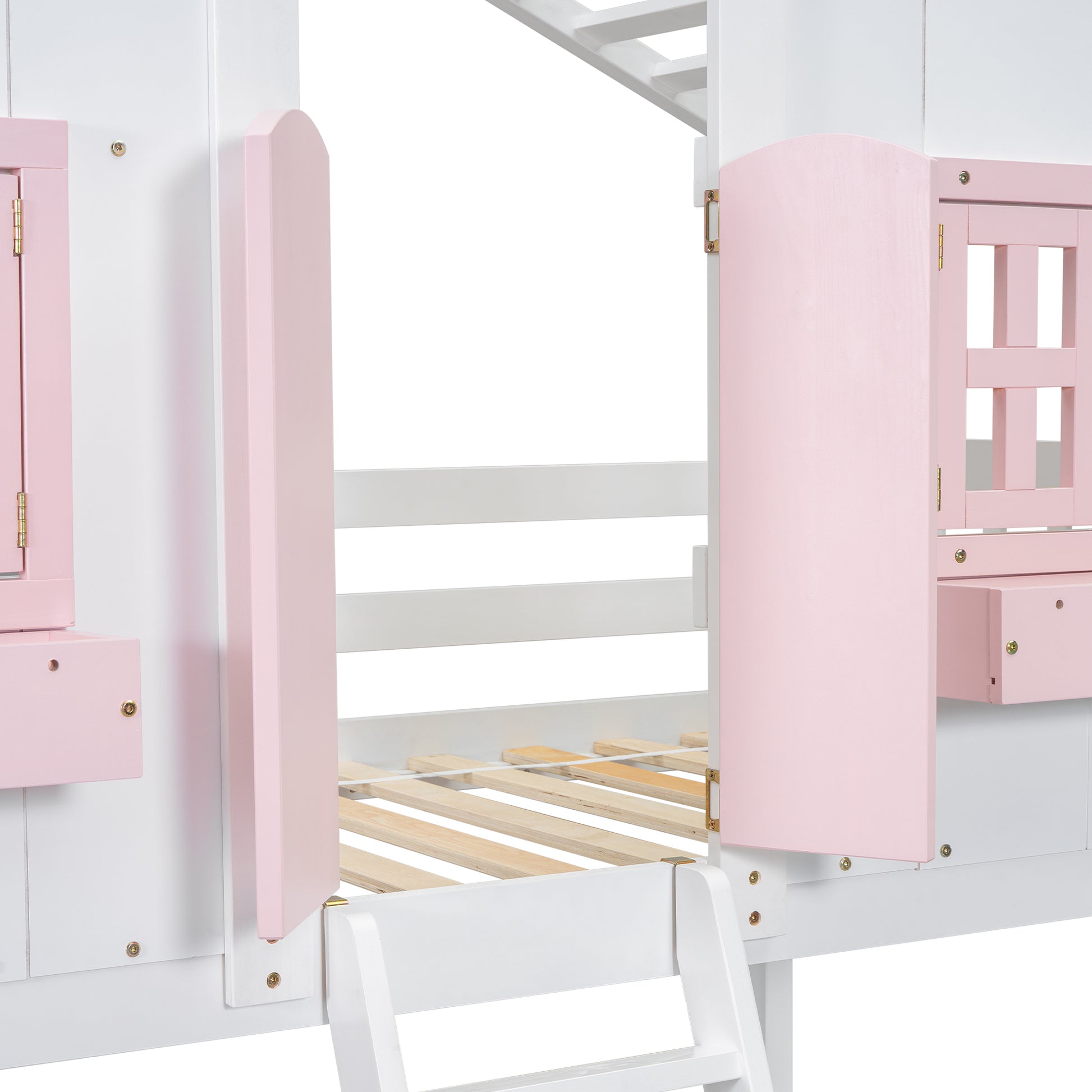 Twin Over Twin House Bunk Bed With Roofwindow, Window Box, Doorwith Safety Guardrails And Ladder, Pink White Twin Pink White Pine