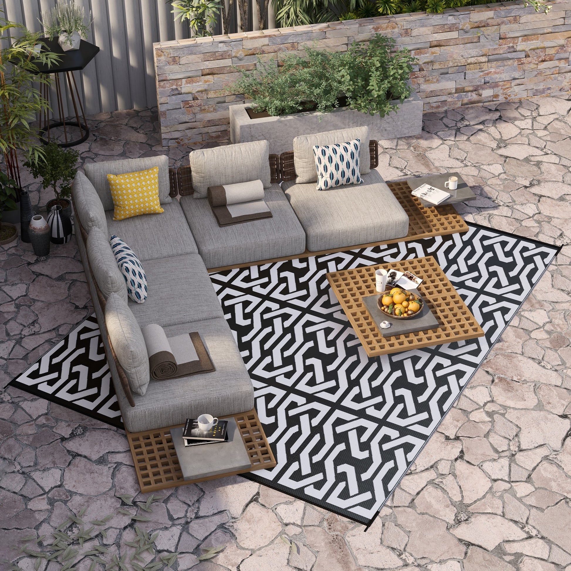 Outsunny Reversible Outdoor Rug, 8' X 10' Waterproof Plastic Straw Floor Mat, Portable Rv Camping Carpet With Carry Bag, Large Floor Mat For Backyard, Deck, Picnic, Beach, Black & White Chain Multicolor Polypropylene