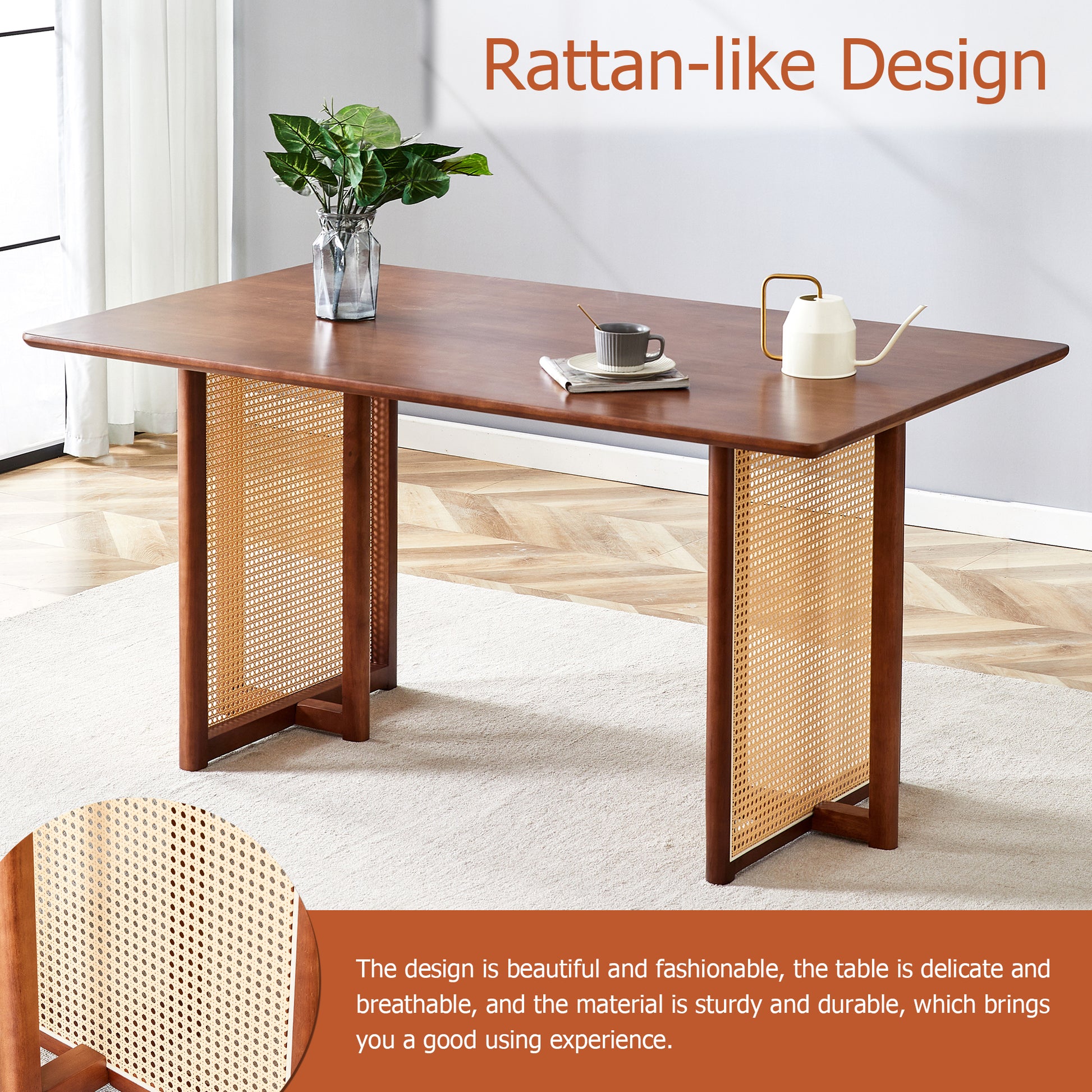 Table And Chair Set, Ancient Style Solid Wood Dining Table, Imitation Rattan Table Legs, Beautiful Simple Solid Wood Dining Chair, Perfect For Dinner, Meetings, Home And Office Decoration Walnut Rubber Wood