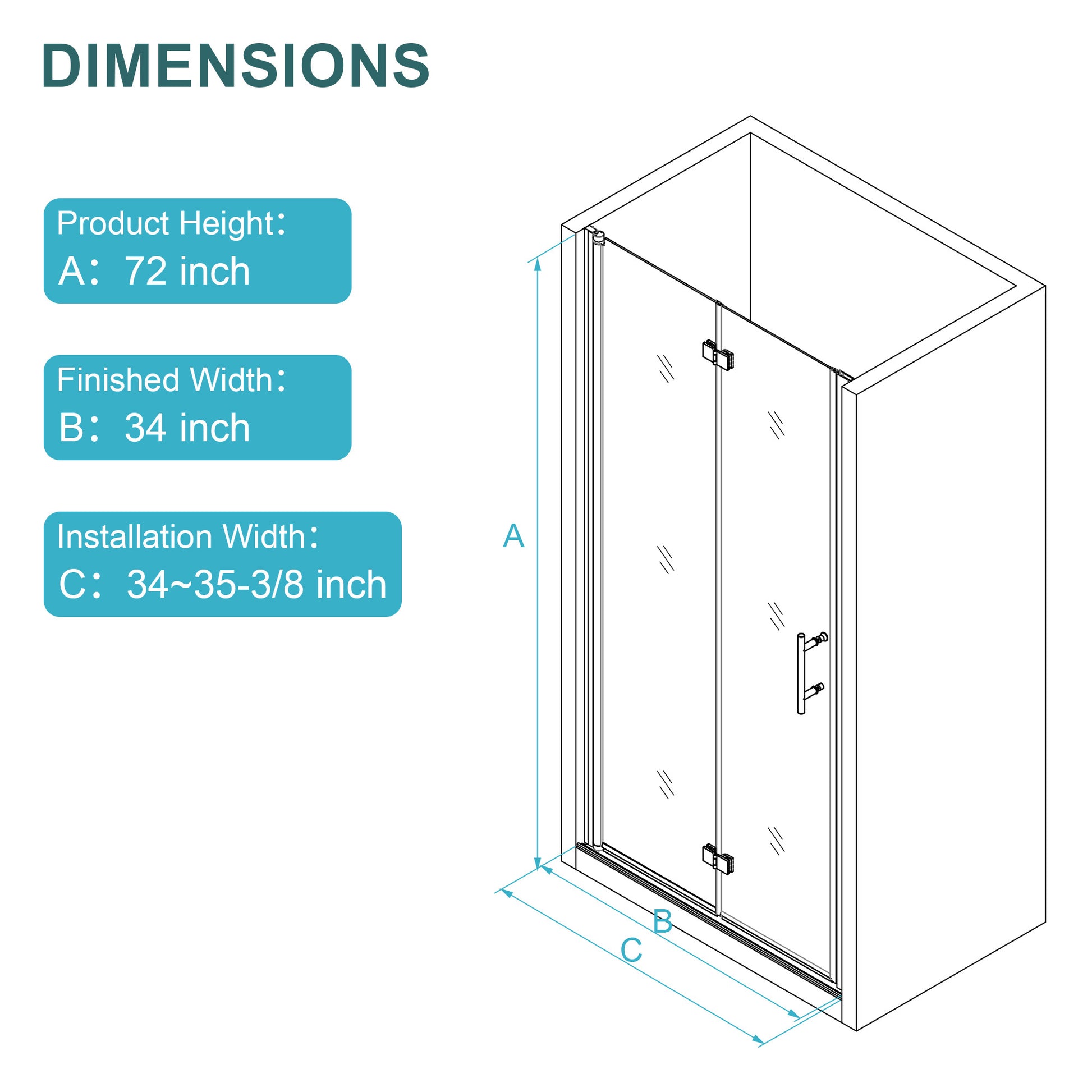 34"W X 72"H Fold Frameless Shower Door With Tempered Glass, Chrome Chrome Glass