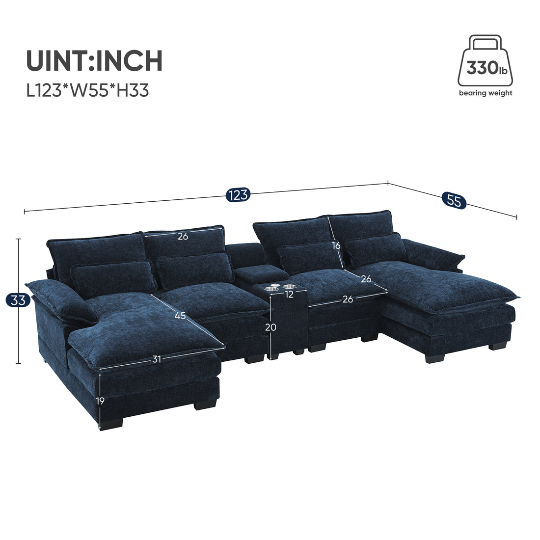 123*55" Modern U Shaped Sofa With Console,Cupholders And Usb Ports,6 Seat Upholstered Symmetrical Indoor Furniture,Sleeper Couch Set With Chaise For Living Room,Apartment,5 Colors Blue Chenille 6 Seat