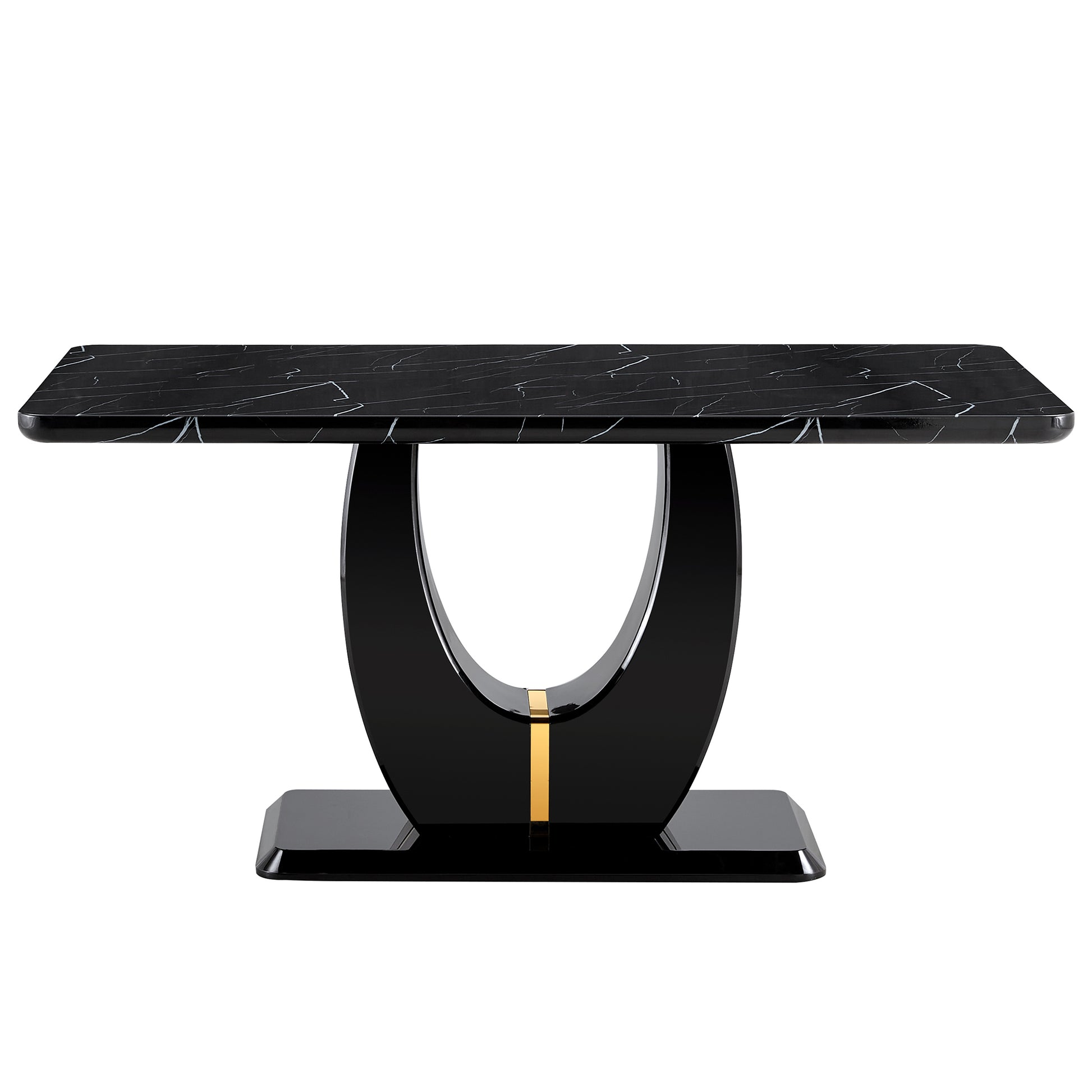 Table And Chair Set.63"W X 37"D X 30"H Black Marble Mdf Diningtable Set With 4 White Pu Chairs With Gold Metal Legs.Bring A Comfortable Home Experience To The Kitchen, Bedroom, And Office. White