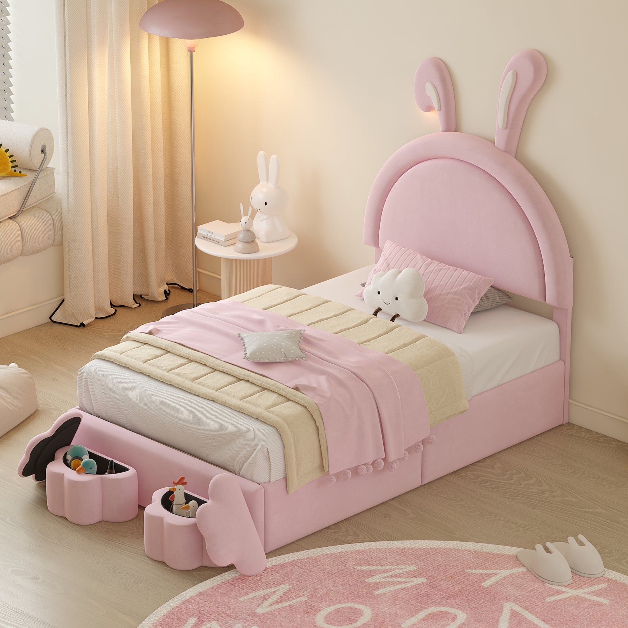 Twin Size Upholstered Rabbit Shape Bed With 2 Storage Stools, Velvet Platform Bed With Cartoon Ears Shaped Headboard, Pink Twin Pink Wood