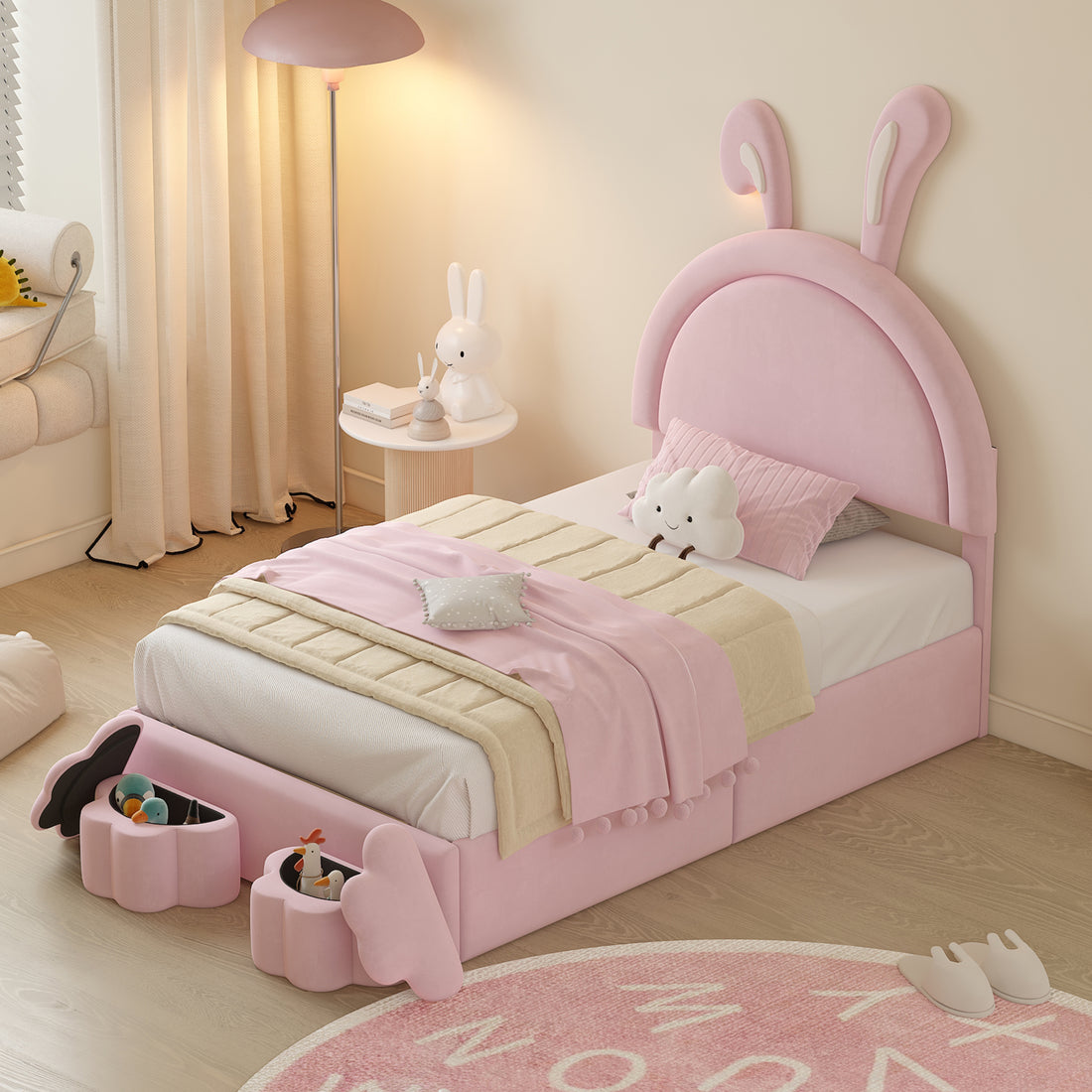 Twin Size Upholstered Rabbit Shape Bed With 2 Storage Stools, Velvet Platform Bed With Cartoon Ears Shaped Headboard, Pink Twin Pink Wood