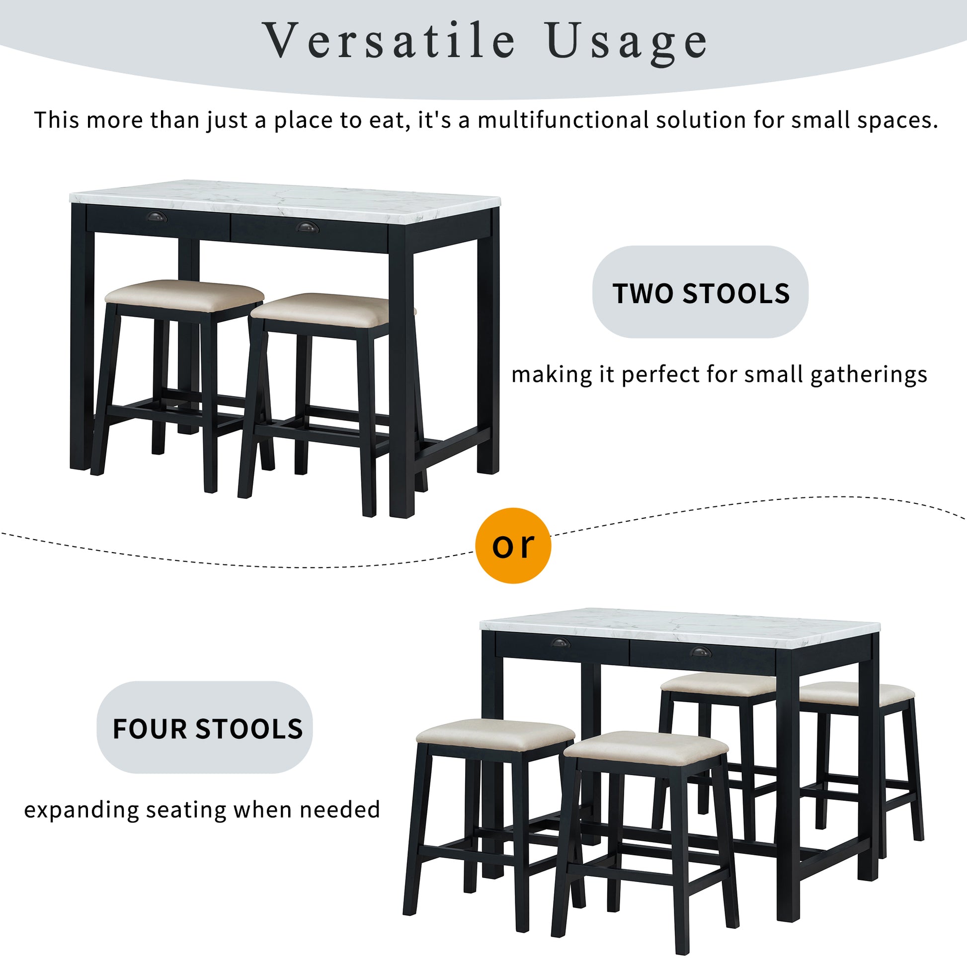 3 Piece Modern Faux Marble Versatile Bar Table Set With Storage Drawers And Padded Stools, Ideal For Space Saving Dining Nooks Or Small Kitchens Black Black Solid Wood Mdf