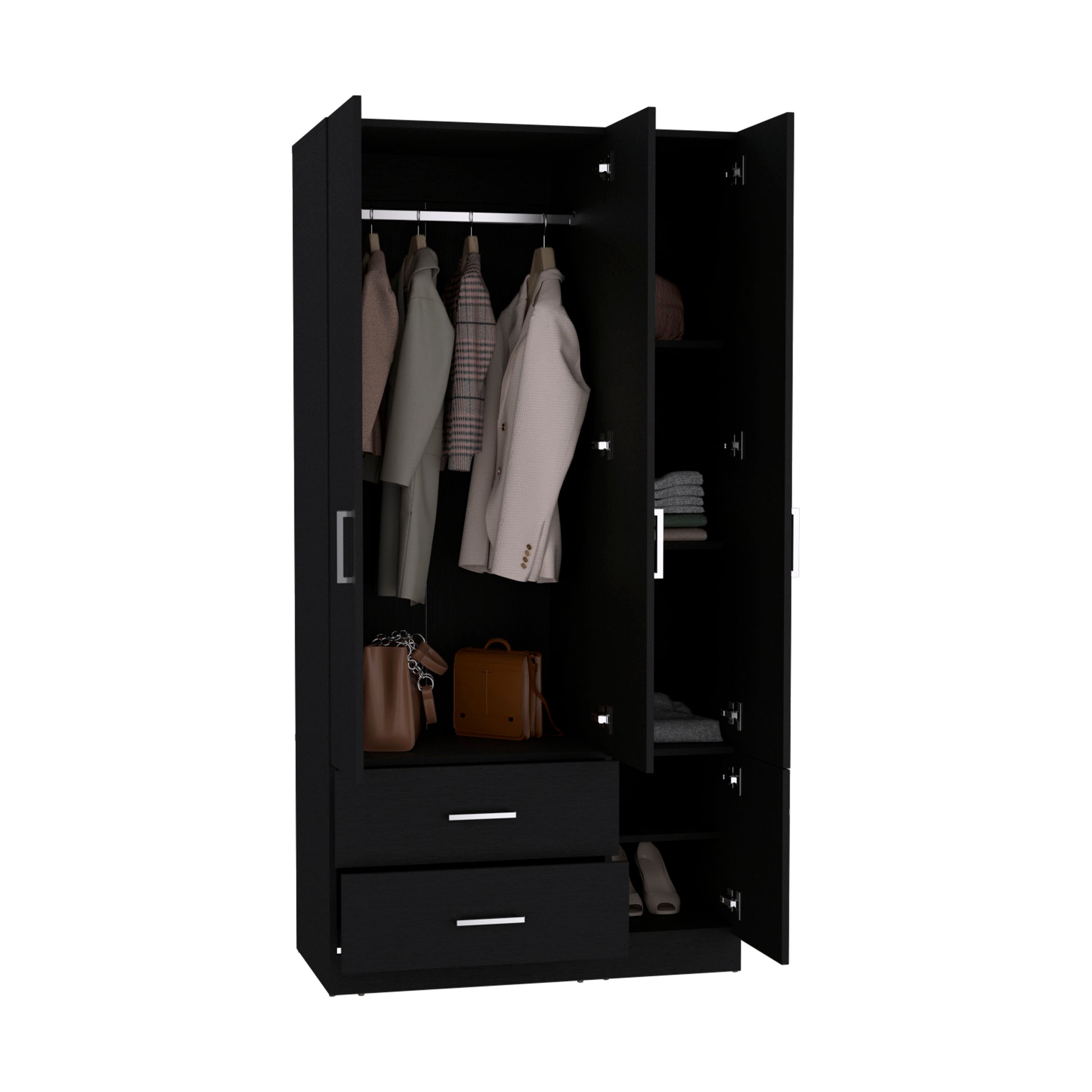 Sebree 71" High Armoire Wardrove Closet With 2 Drawers, Four Doorsthree Cabinetsix Shelves And Hanging Rod, Bedroom Clothes Storage Cabinet Organizer Black Black Particle Board