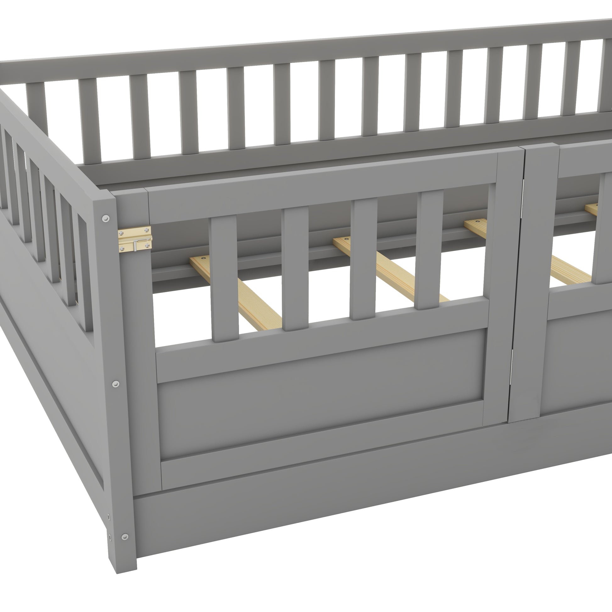 Twin Size Floor Bed, Integral Construction With Super High Security Barrier, Door, Children'S Floor Bed Frame, Montessori Wooden Children'S Floor Bed, Support Slat Grey Box Spring Required Twin Grey Wood Brown Bedroom American Design,Artsy Pine Bed Frame