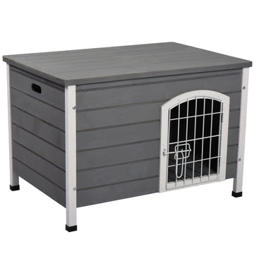 Pawhut 31"L Wooden Decorative Dog Cage Kennel Wire Door With Lock Small Animal House With Openable Top Removable Bottom Grey Gray Wood