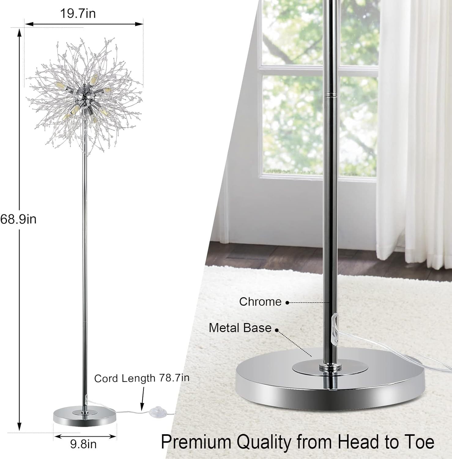 Crystal Floor Lamp For Bedroom, Floor Lamp For Living Room, Elegant Standing Lamp, 69" Tall Pole Lamp, Modern Floor Lamp For Room Decor, 32 Firework Crystal Harnesses Included, Chrome Finish Silver Crystal