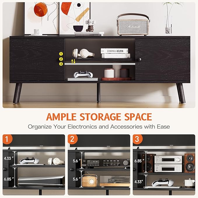 Tv Stand For 55 60 Inch Tv, Entertainment Center With Storage Cabinet, Media Console Table 2 Cabinet, Soft Hinge, Handle Door, Wooden Living Room, Office Furniture, Black Black 50 59 Inches Wood