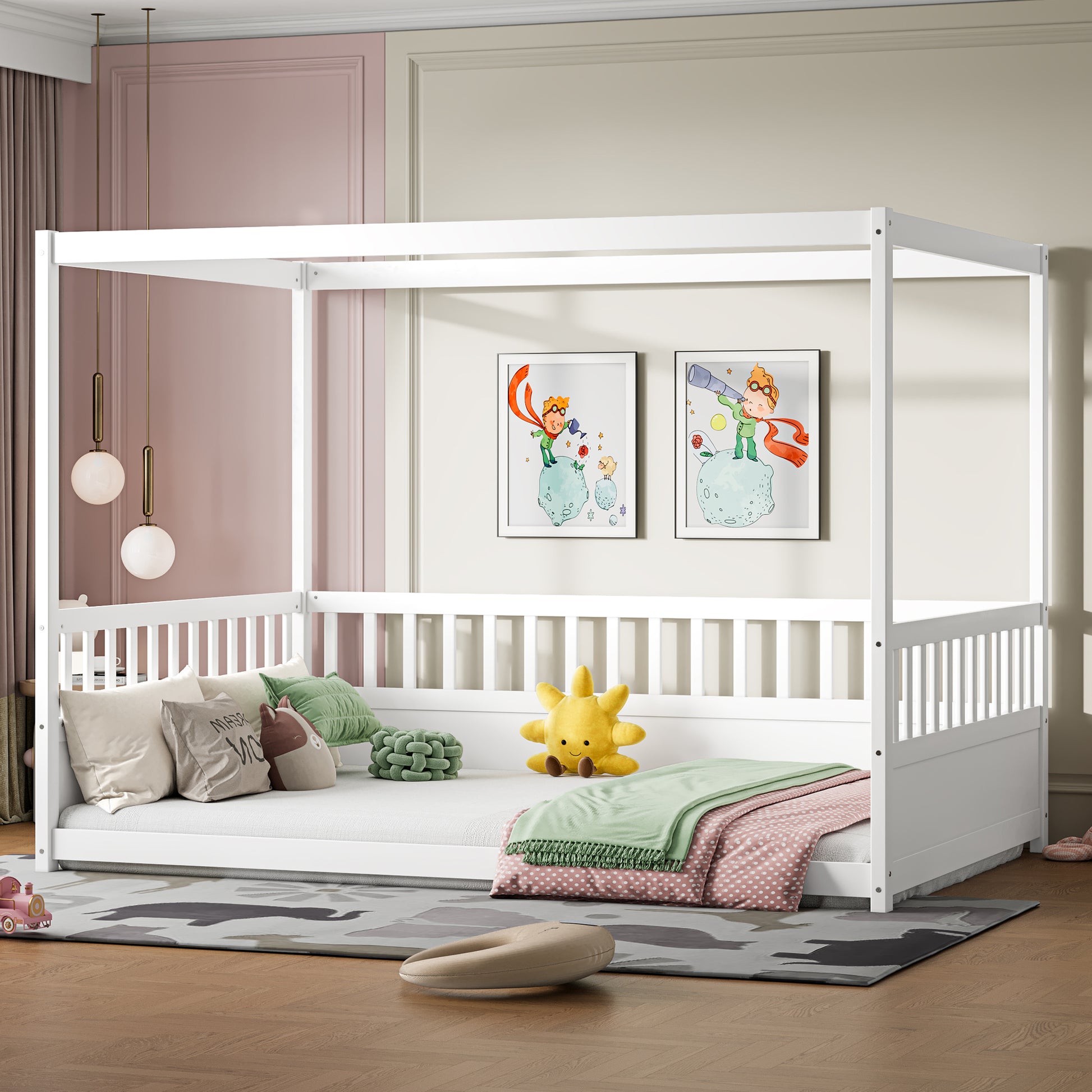 Full Size Canopy Bed Frame With Guardrails For Kids,Floor Bed Full With Four Poster Design,Kids Montessori Floor Bed,Wood Canopy Bed Frame For Girls,Boys Full,White Box Spring Required Full White