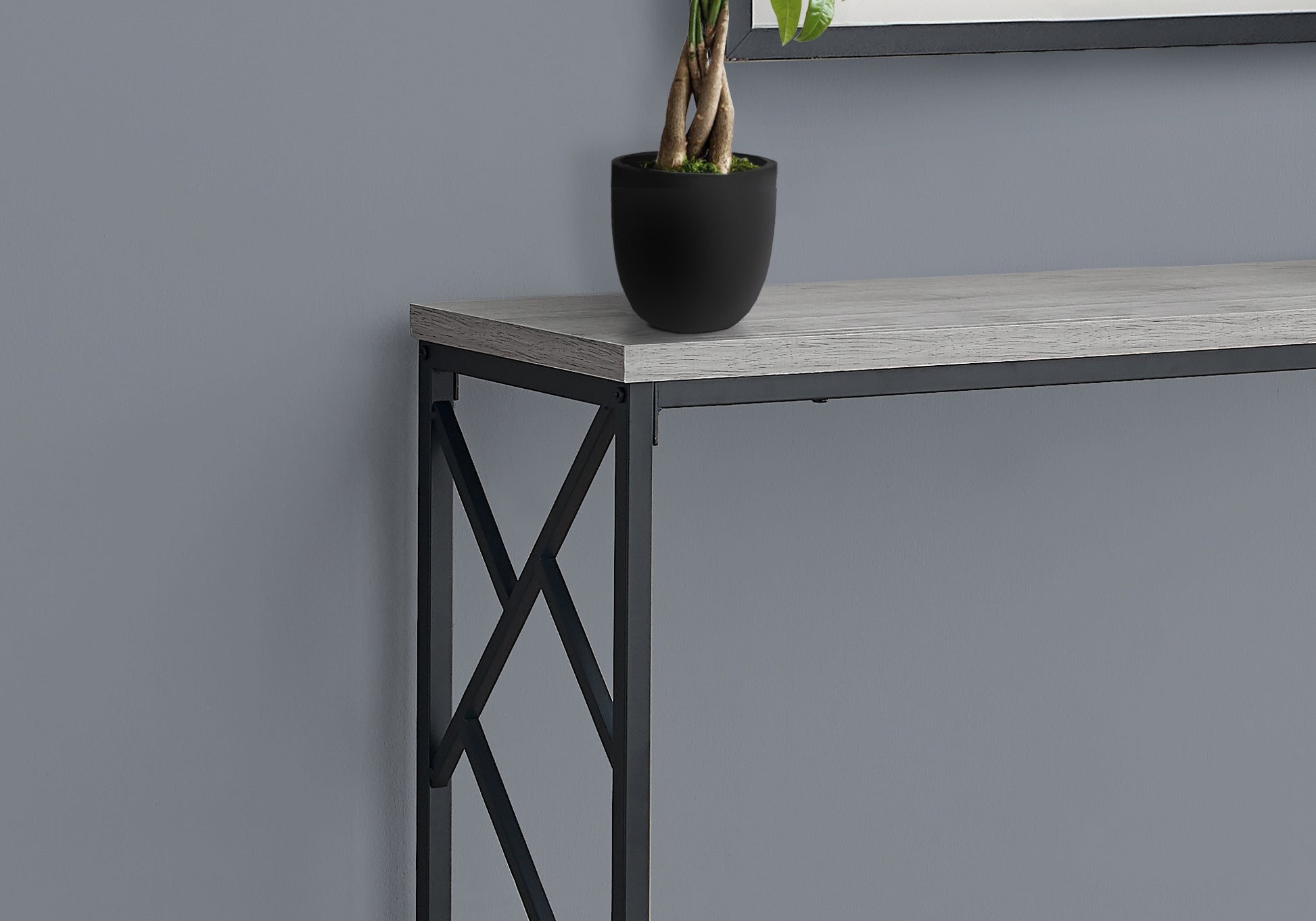 Accent Table, Console, Entryway, Narrow, Sofa, Living Room, Bedroom, Grey Laminate, Black Metal, Contemporary, Modern Grey Metal