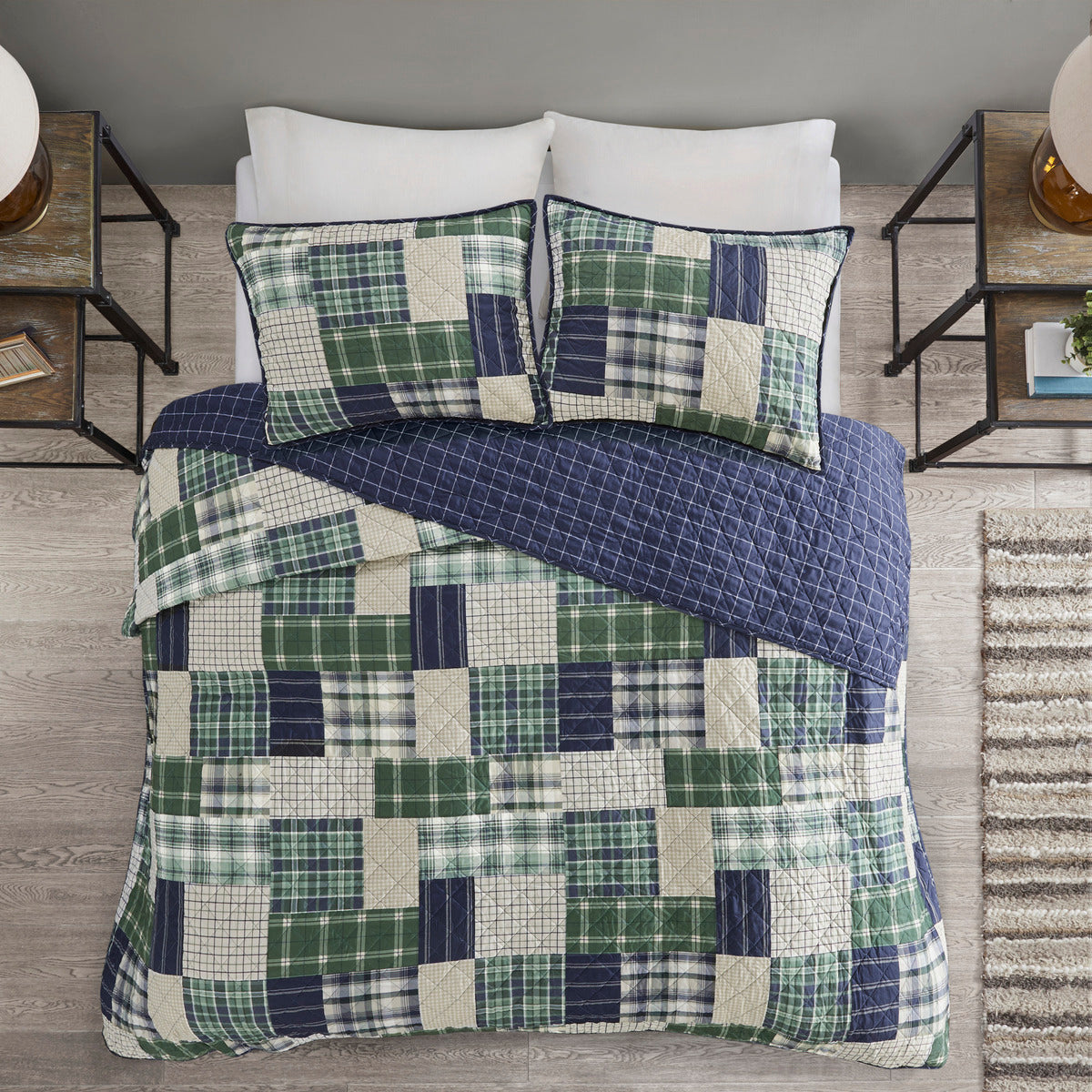 3 Piece Reversible Printed Quilt Set Green Navy King Cal King Green Navy Microfiber