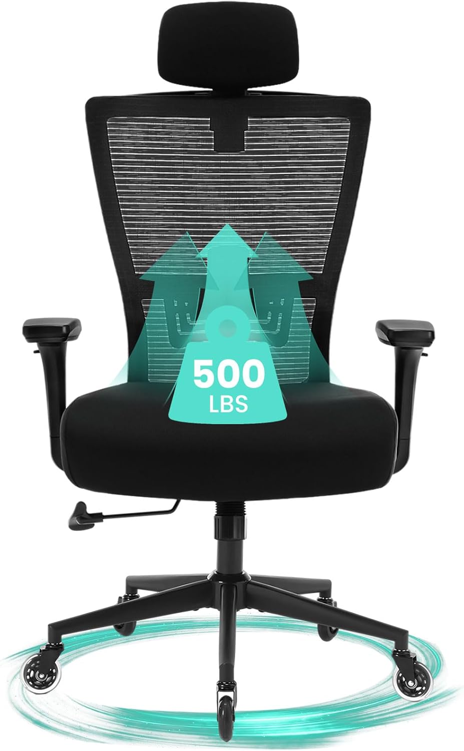 Big And Tall Office Chair 500Lbs Ergonomic Office Chair For Heavy People With 3D Armrest, Quiet Rubber Wheels, Adjustable Lumbar Support And Headrest Heavy Duty Metal Base Mesh Chair Nylon Black