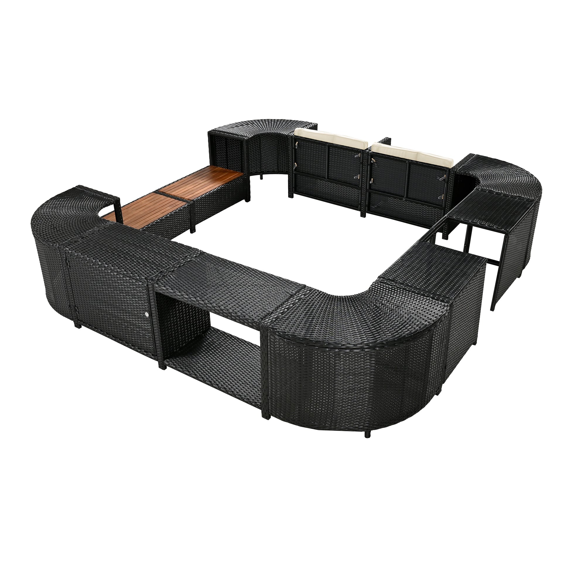 Spa Surround Spa Frame Quadrilateral Outdoor Rattan Sectional Sofa Set With Mini Sofa,Wooden Seats And Storage Spaces, Beige Yes Beige Water Resistant Frame Water Resistant Cushion Garden & Outdoor Sectional Seating Groups Foam Rattan Waterproof Fabric