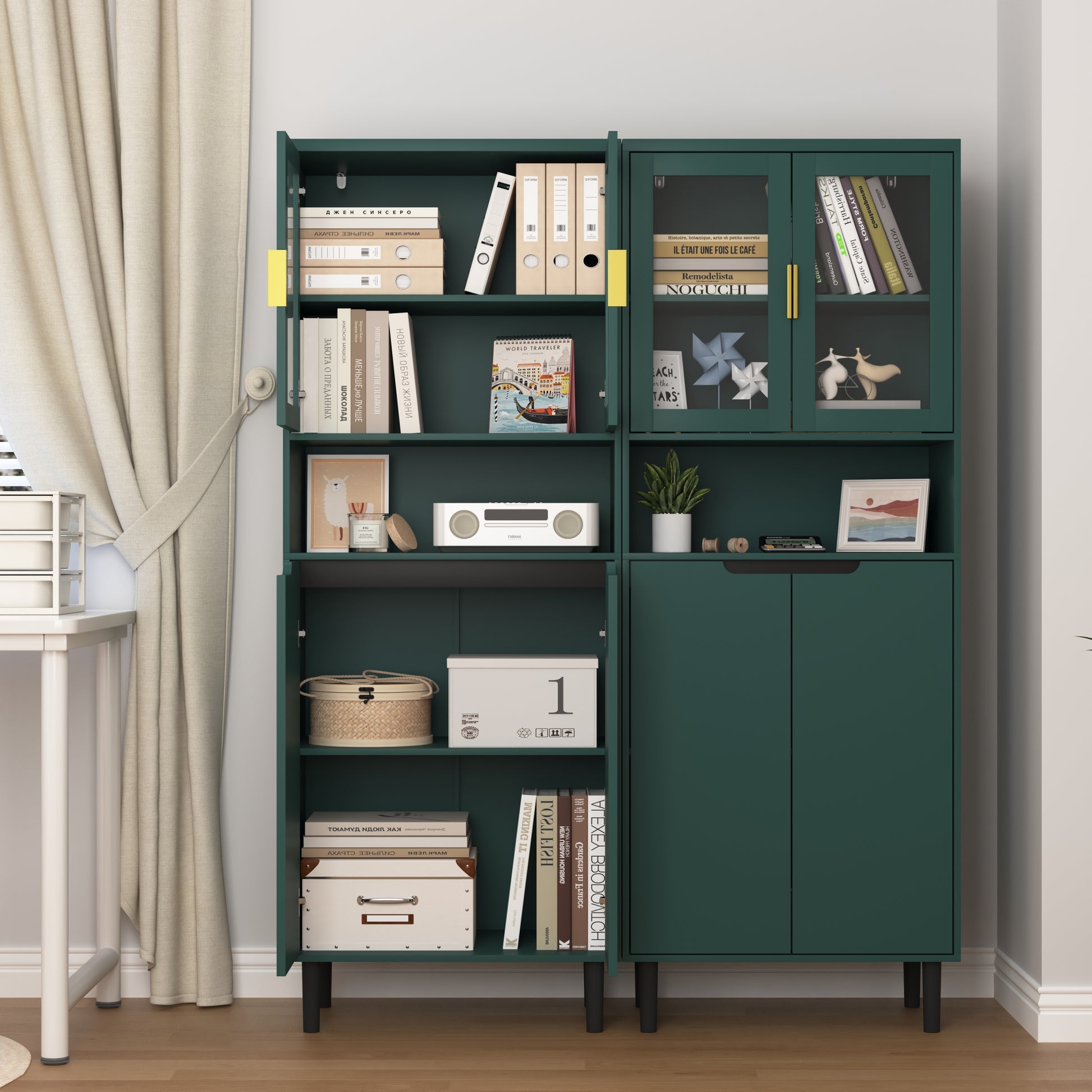 Tall Storage Show Cabinet With 2 Glass Display Door & 2 Doors, Tall Kitchen Pantry Cabinet With Gold Handles, Modern Cabinet Freestanding For Bathroom, Dining Living Room, Green Green Mdf