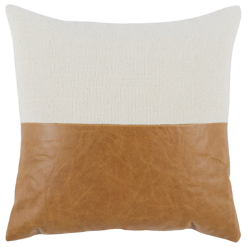 20 X 20 Throw Pillow, Genuine Leather Cover, Dual Tone, Brown And White Brown White Polyester Blend