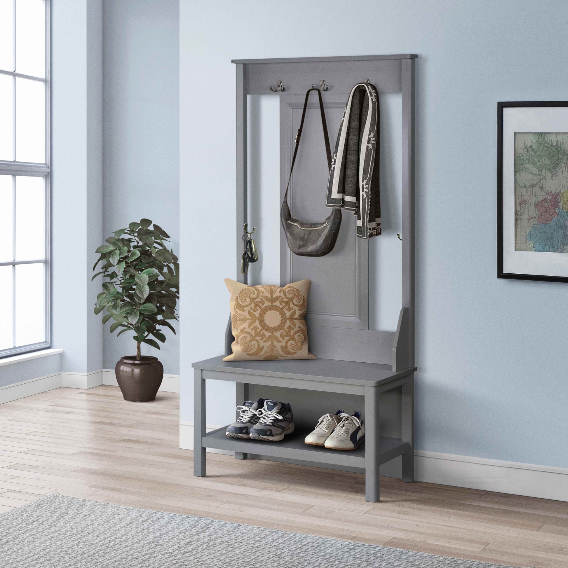 Hall Tree & Shoe Bench "Elegant Cape Code Gray Hall Tree With Bench And Spacious Shoe Storage Versatile And Stylish Entryway Organizer" Grey Solid Wood