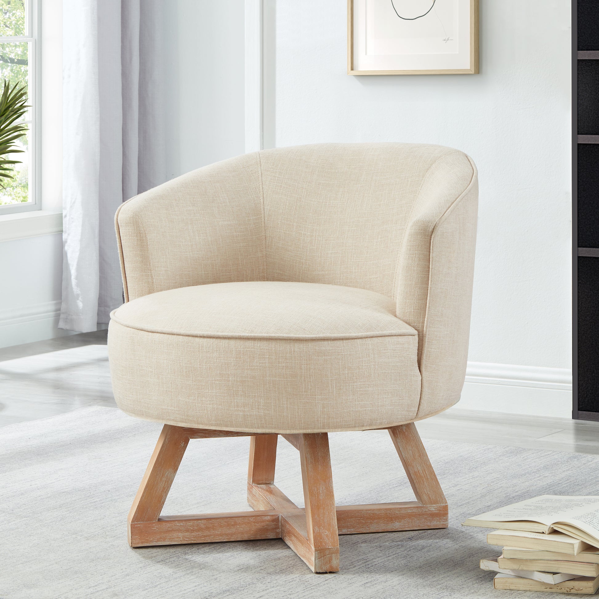 Swivel Chair With Cross Shaped Wooden Base,Lounge Chair With Solid Wood Legs, 360 Freely Swivel Chairclassic Linen Fabric For Living Room, Bedroom, Office, Dresser Beige Beige Primary Living Space American Design,Artsy,Casual,Classic,Modern Rubberwood