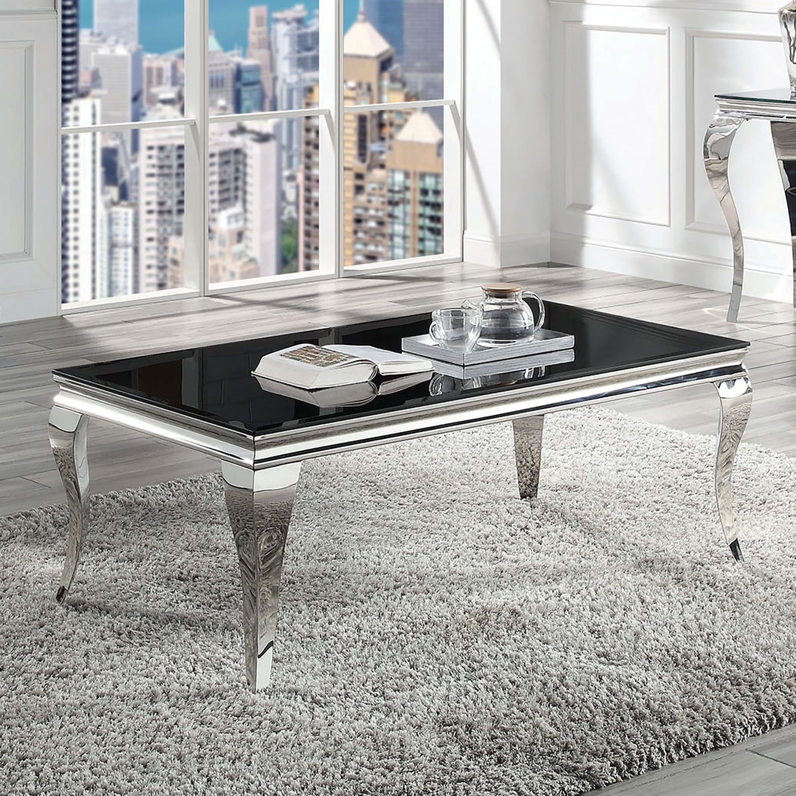 Glam Contemporary1Pc Coffee Table Black Glass Top Silver Color Table Living Room Stainless Steel Cabriole Style Legs Black,Silver Primary Living Space Classic,Modern,Transitional Coffee & End Tables Rectangular Glass,Stainless Steel