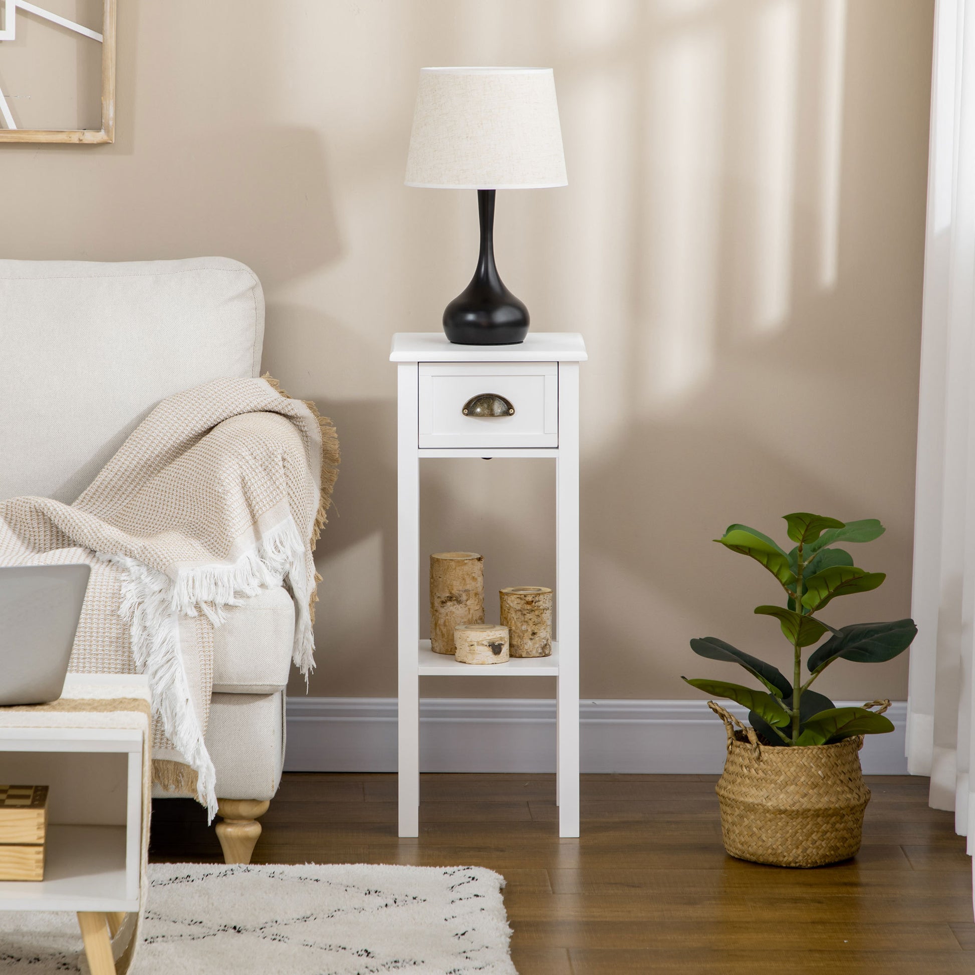 Homcom 2 Tier Side Table With Drawer, Narrow End Table With Bottom Shelf, For Living Room Or Bedroom, White White Mdf