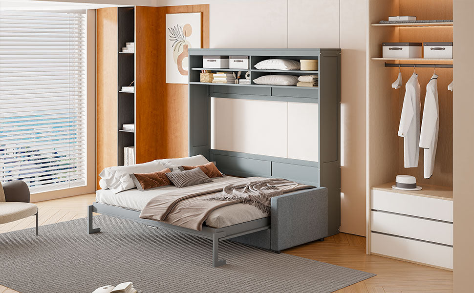 Queen Size Murphy Bed Wall Bed With Sofa,Gray Queen Gray Mdf Lvl