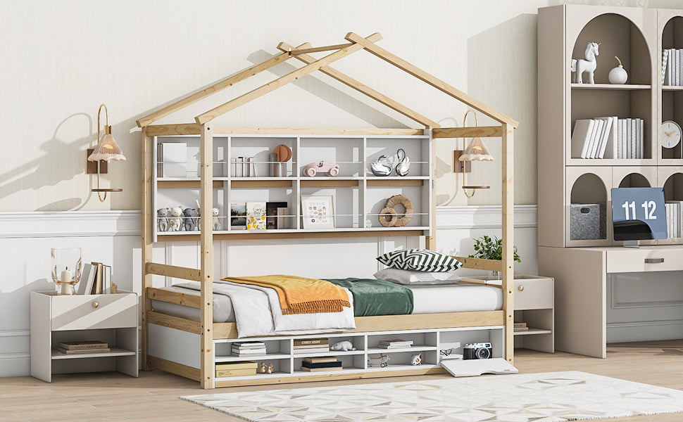 Twin House Bed With Roof Frame, Bedside Shelves, Under Bed Storage Unit,Natural Twin Natural American Design Pine