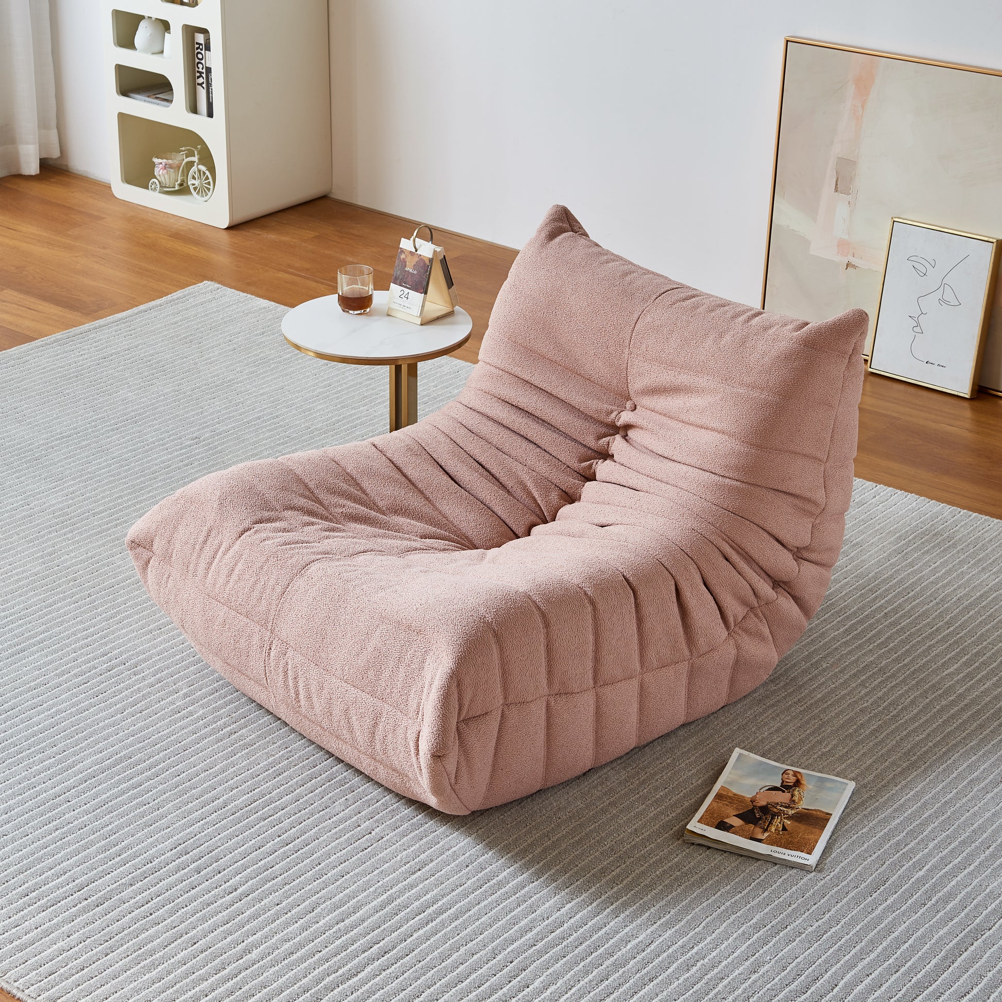 Teddy Fabric Fireside Chair, Lazy Floor Sofa Couches,Modern Armless Floor Lounge Chair, Comfy Accent Bean Bag Couch, Single Corner Chair Sofa For Living Room Bedroom Salon Office, 1Seat Pink Foam