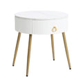 19.6'' Easy Assembly End Tables With High Gloss Faux Marble Tabletops, Set Of 2, Modern Fluted 2 Side Tables With Drawers, Round Coffee Tables With Golden Legs For Living Room, White White Gold Primary Living Space Drawers Round Mdf Iron