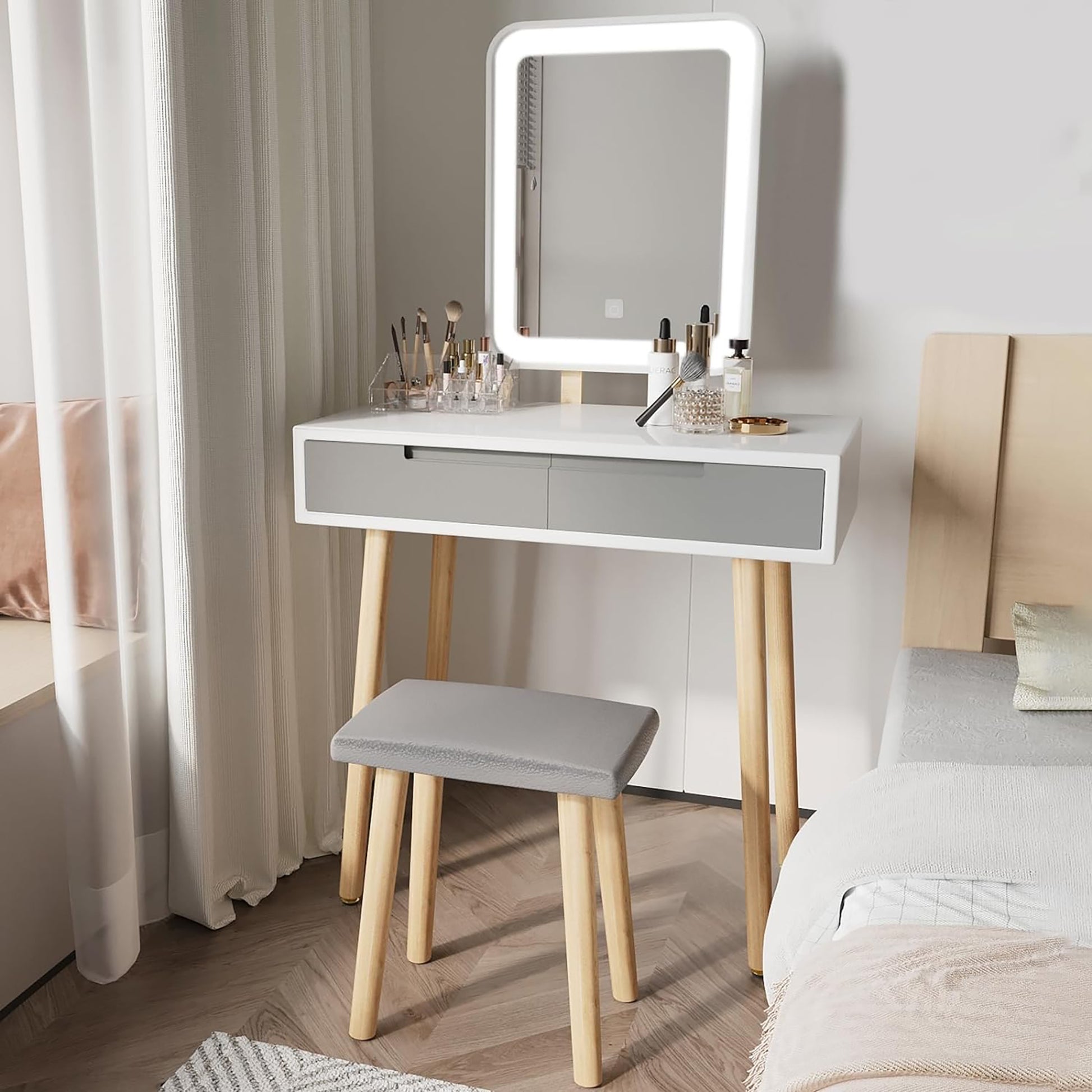 Vanity Table Set With Adjustable Brightness Mirror And Cushioned Stool, Dressing Table Vanity Table With Free Make Up Organizer Grey White Wood