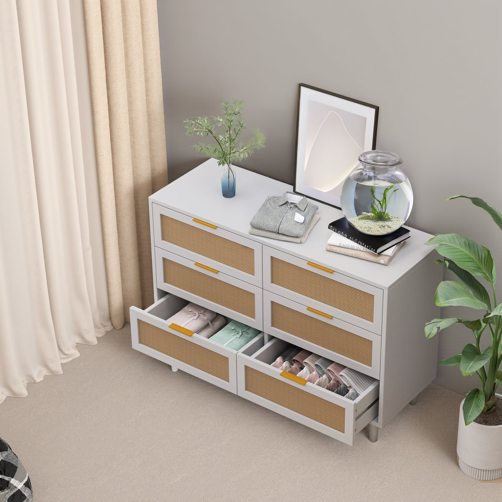 51.18"6 Drawers Rattan Storage Cabinet Rattan Drawer,For Bedroom,Living Room,White Same Sku:W757P174986 White Mdf