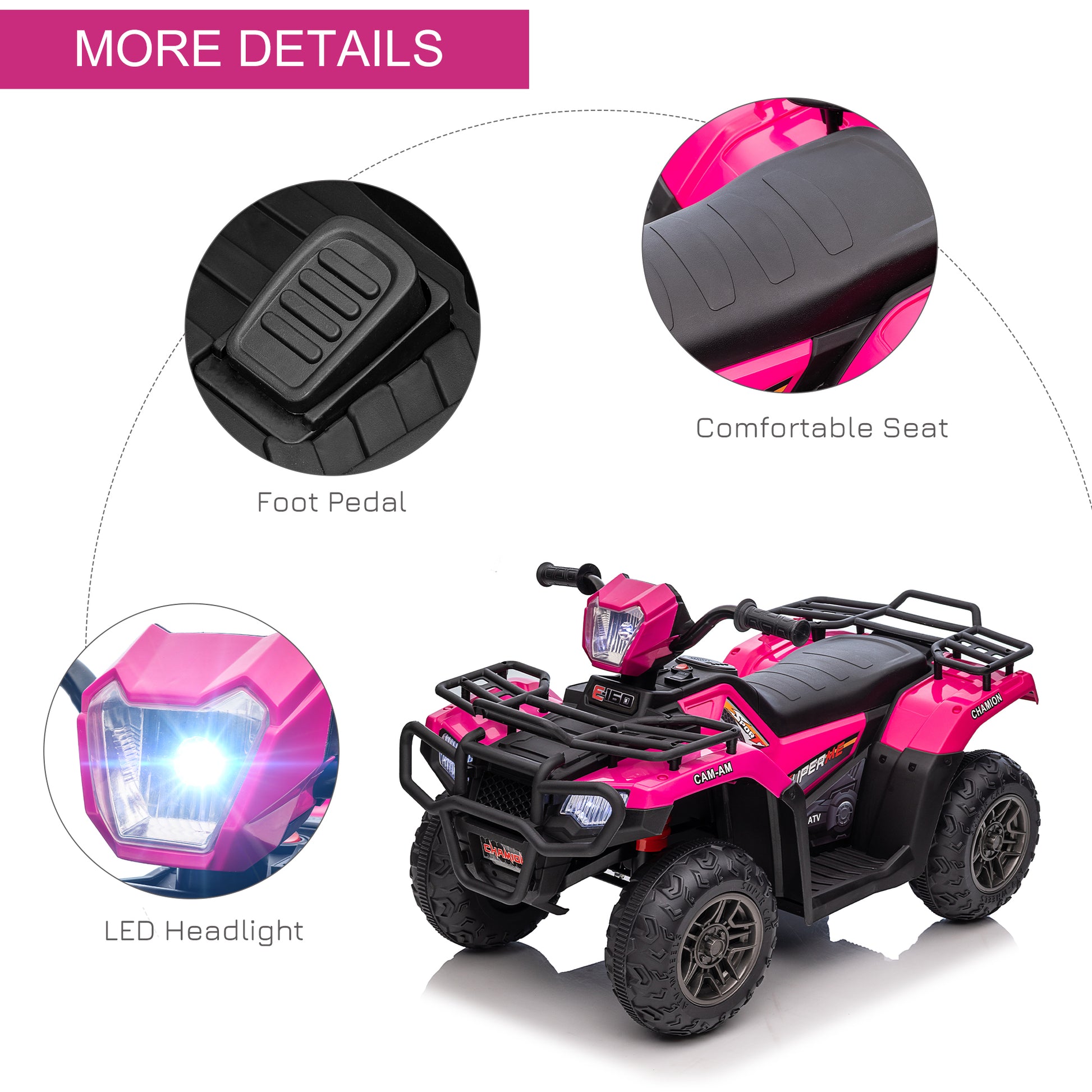 Aosom 12V Kids Atv Battery Operated With Aux Port & Usb, Kids 4 Wheeler With Tough Wear Resistant Tread, Electric Four Wheeler Kids Ride On Car Electric Car, Pink Pink Iron Plastic