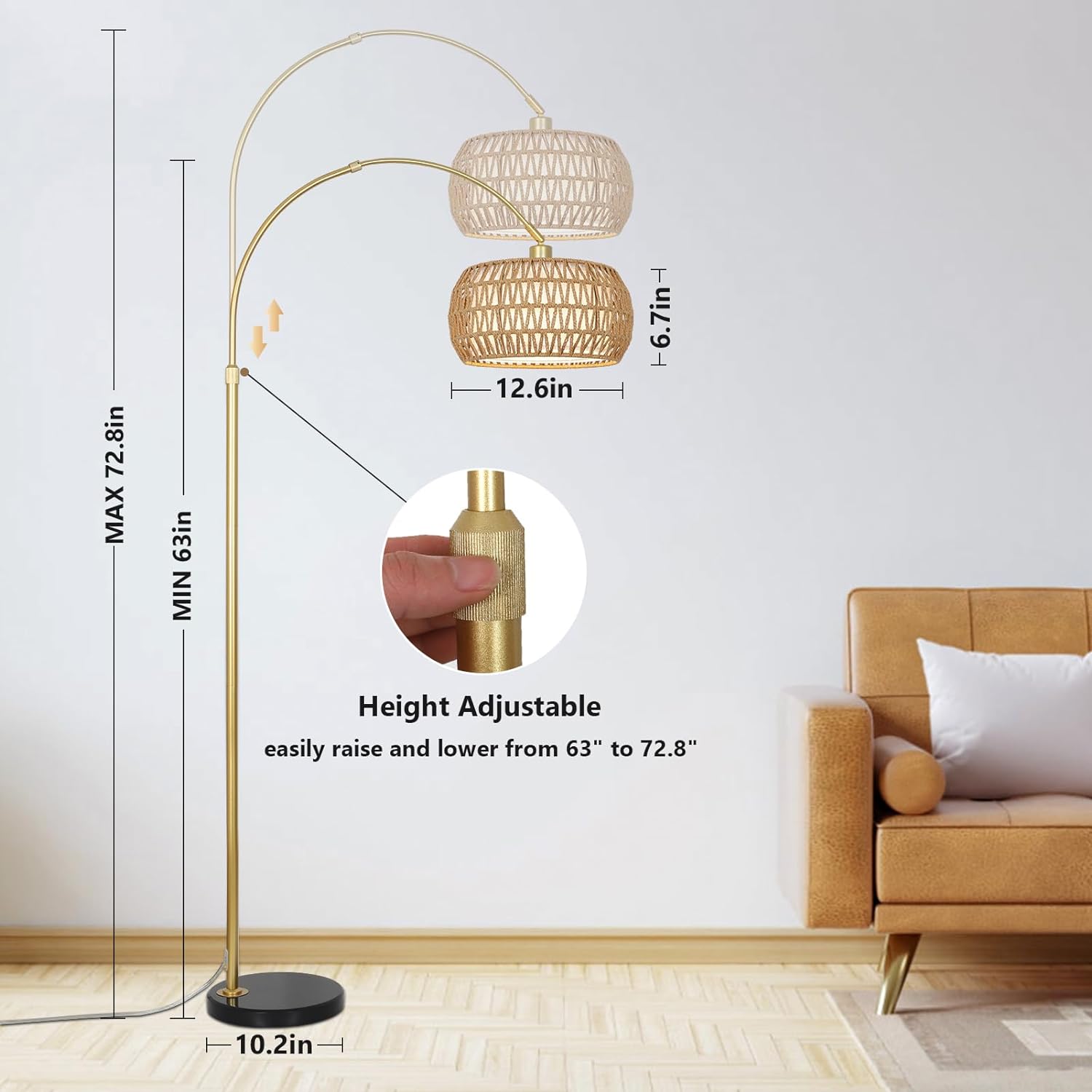 Gold Floor Lamps For Living Room, Arc Floor Lamp With Remote & Dimmable Bulb, Boho Rattan Standing Lamp With 3 Color Temperatures, Height Adjustable Tall Lamp For Bedroom, Over Couch Reading Lamp Brown Black Rattan Metal