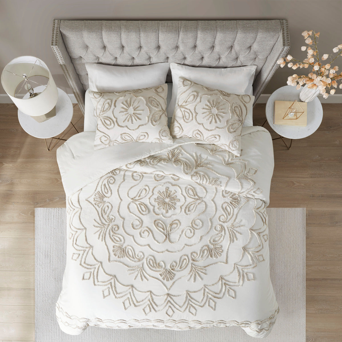 3 Piece Tufted Cotton Chenille Comforter Set Ivory Taupe Full Queen Full Ivory Taupe Polyester