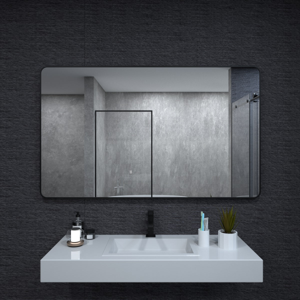 60X36 In. Aluminum Framed Rounded Rectangle Bathroom Wall Mirror, Matte Black Bathroom Vanity Mirror Farmhouse, Anti Rust, Tempered Glass Mirrors, Hangs Horizontally Or Vertiy Matte Black Aluminum