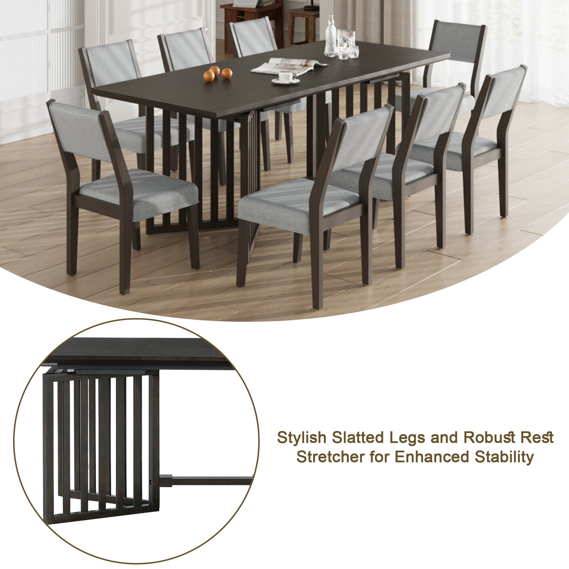 Farmhouse 9 Piece 83.9Inch Extendable Dining Table Set With 2 12 Inch Removable Leaves And 8 Upholstered Dining Chairs, Espresso Wood Dining Room Solid Wood Rubberwood Rectangular Dining Table With Chair Upholstered Chair Wood Espresso Seats 8 Removable