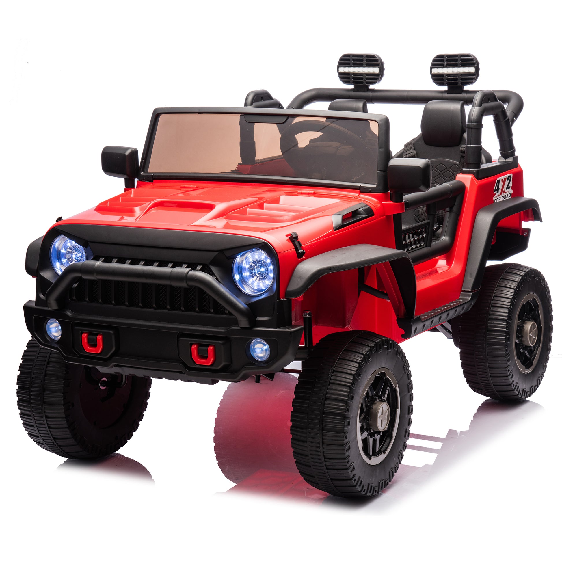 24V Two Seater Kids Ride On Truck Car W Parents Control,200W*2,Seat Width 20.28In,Four Wheel Suspension,Led Lights,Music,Mp3,Bluetooth,Two Independent Seat Belts,Suitable For Off Road For Kids Aged 3 Red 100 149 Lbs Polypropylene