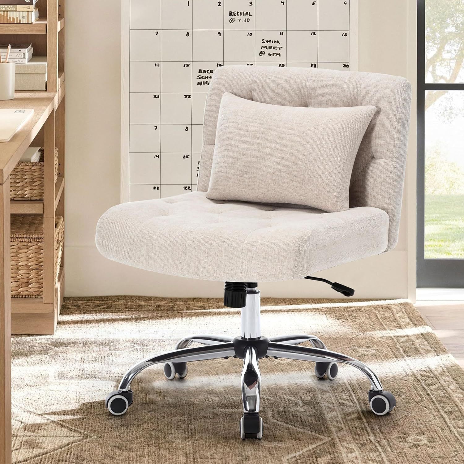 Armless Fabric Office Desk Chair With Wheels, Criss Cross Legged Wide Seat Chair, Modern Home Office Chair With Lumbar Pillow, Comfy Computer Task Chair For Small Space, Vanity Chair For Women, Girls Beige Memory Foam Cotton Textile