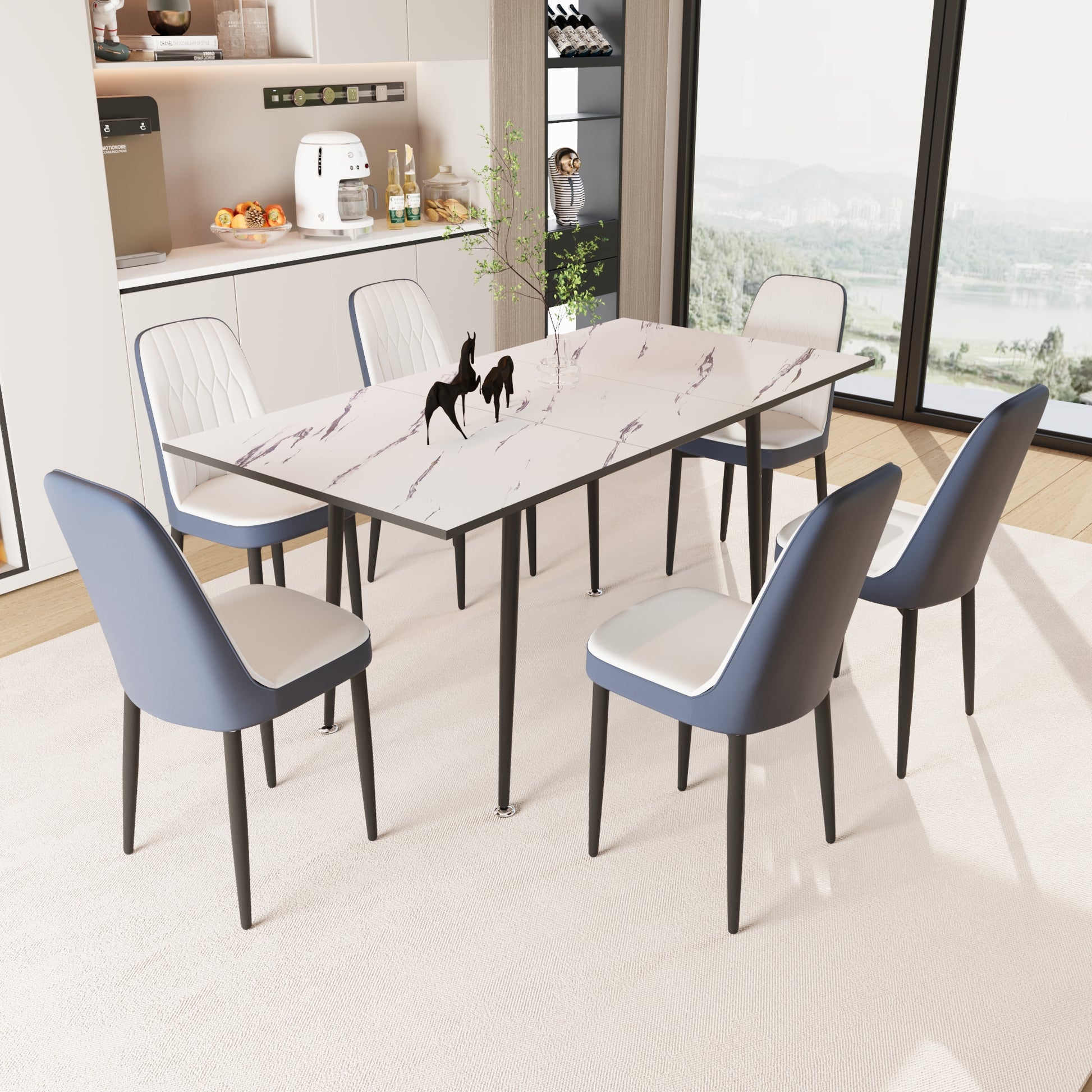 An Expandable Dining Table Set For 2 6 People, Equipped With Pu Fabric Thick Cushioned Dining Chairs And An Elegant And Spacious Dining Tablekitchen Table And Chair Set, With Black Metal Legs Black