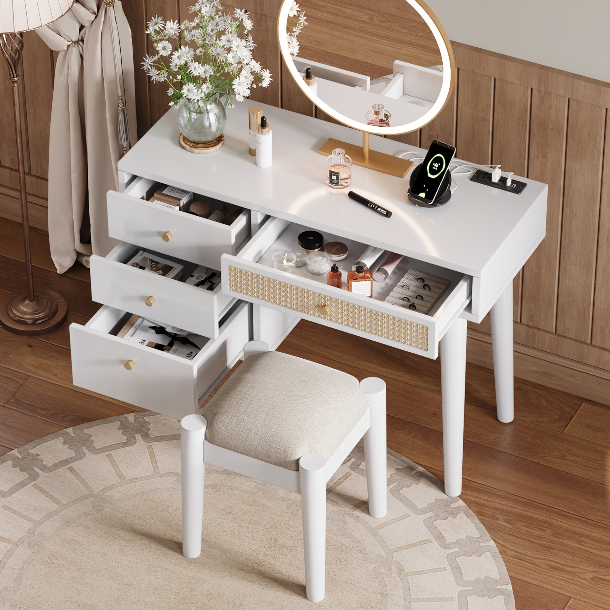 39" Retro Bohemian Style Wooden Makeup Vanity Set With Charging Plug&Usb Port And Stool, Dressing Table With 3 Storage Drawers And 1 Rectangular Rattan Drawer, White White 4 Drawers Wood