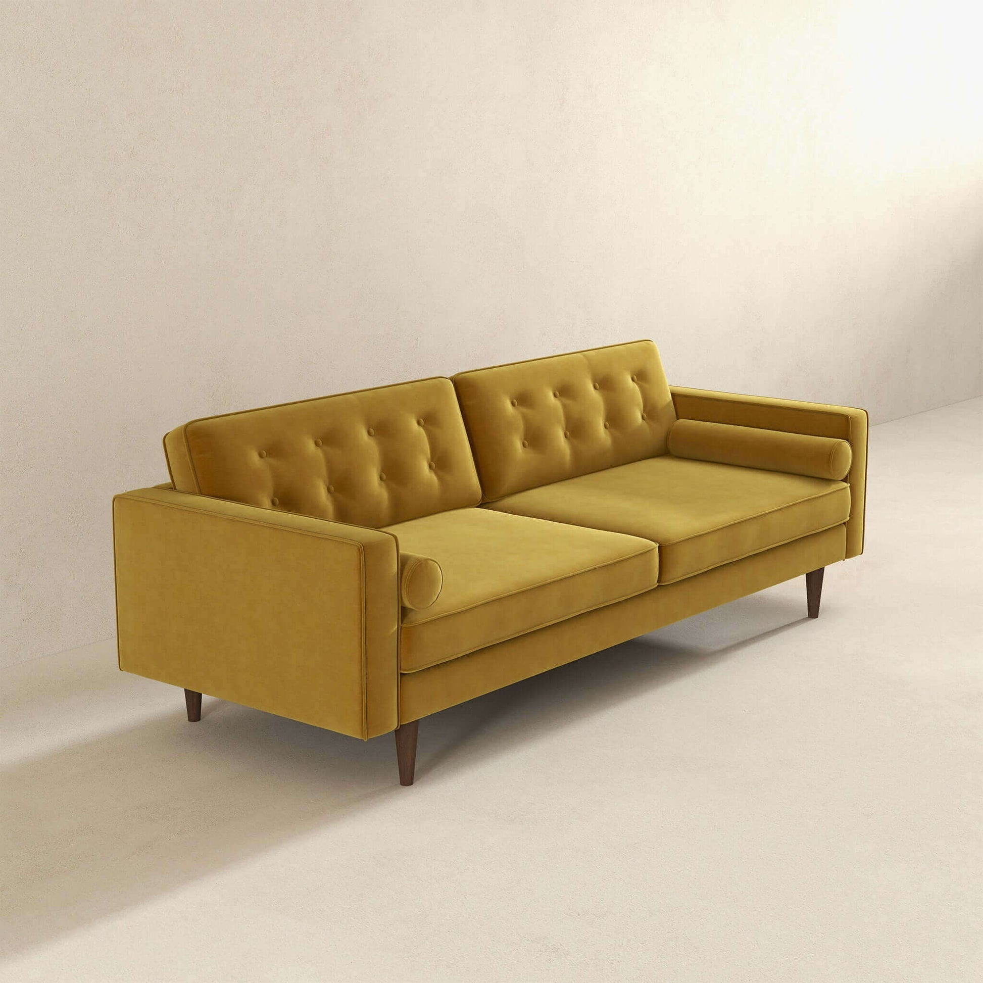 Casey Mid Century Modern Gold Velvet Sofa Yellow Wood Velvet 3 Seat