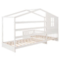 Wood House Bed Twin Size, 2 Twin Solid Bed L Structure With Fence And Slatted Frame, White Twin White Plywood