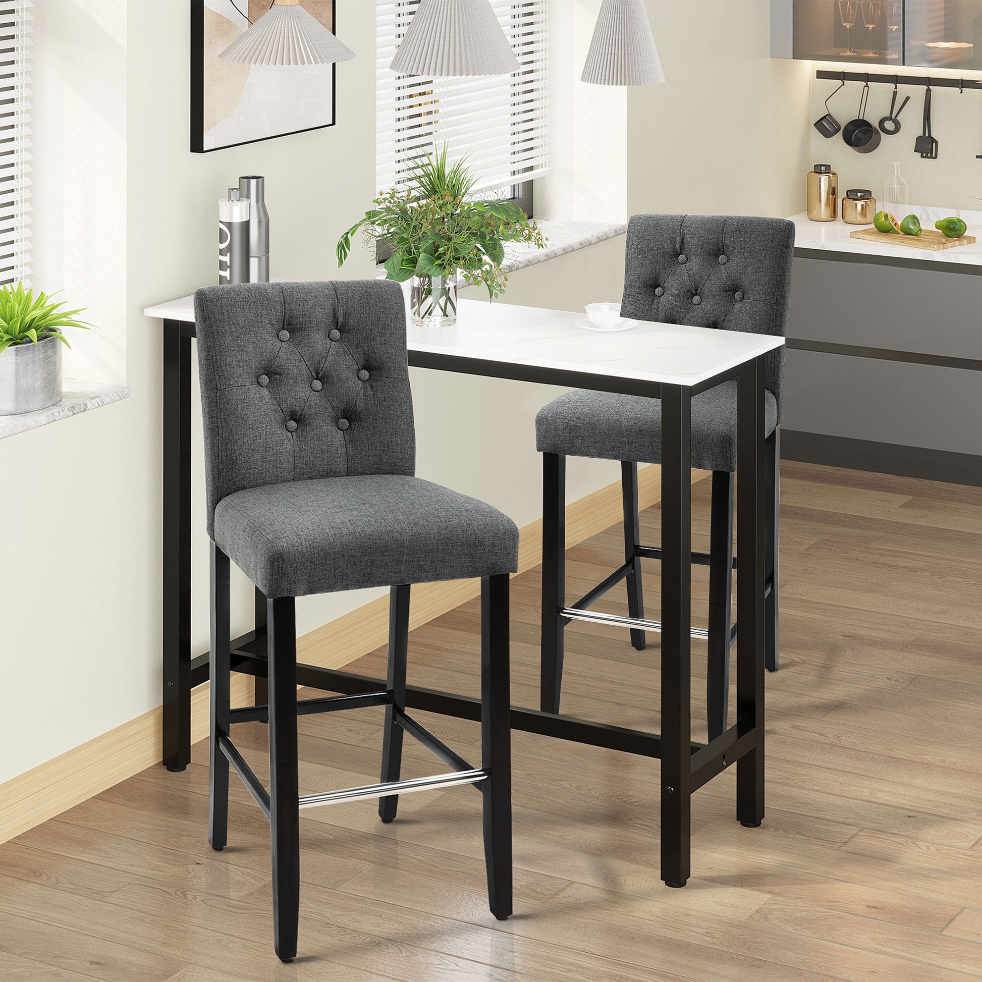 Homcom 2 Piece Bar Height Barstools, 30 Inches Linen Upholstered Breakfast Stools, Bar Chairs With Back, Footrest And Solid Wood Leg, Armless Seat For Kitchen, Dining Room, Grey Dark Grey Pine