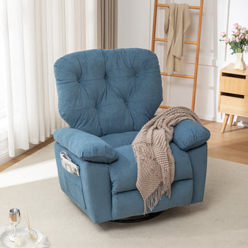 Blue Relaxing Recliner Chair,Soft Artificial Fleece, Overstuffed, Swivel, Glider, Side Pocket Blue Manual Push Button Wood Bedroom Medium Soft Tight Back Heavy Duty Modern Push Button Oak Cotton